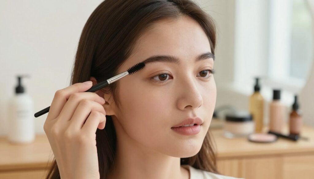 A close-up portrait of a young woman demonstrating natural eyebrow styling for an everyday makeup look. She has a soft and fresh appearance, with well-groomed, slightly arched eyebrows that blend seamlessly with her natural features. The foreground captures her focused expression as she delicately brushes through her eyebrows with a spoolie brush. The middle ground includes a minimalistic makeup setup with sustainable beauty products positioned neatly on a light wooden vanity. The background features soft, diffused natural light coming through a window, creating a warm and inviting atmosphere. The color palette is soft and neutral, enhancing the natural beauty theme. The shot is taken from a slight angle to provide depth, emphasizing the artistry involved in achieving a delicate, natural effect.
