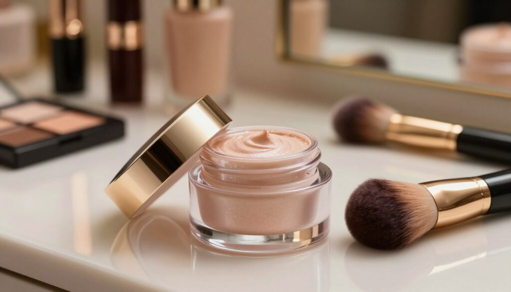 A close-up still life image showcasing a luxurious illuminating powder specifically designed for under-eye application. In the foreground, a sleek, elegant jar of luminous under-eye powder with a delicate lid slightly ajar, revealing the fine shimmering texture inside. Beside it, a soft, fluffy makeup brush rests gently against a polished vanity surface. In the middle, subtle reflections of the powder shimmer softly under warm, ambient lighting, enhancing the idea of radiance. In the background, a blurred array of chic makeup tools and a mirror create an inviting beauty space. The overall atmosphere is serene and sophisticated, conveying a sense of elegance and refined beauty care. A close-up still life image showcasing a luxurious illuminating powder specifically designed for under-eye application. In the foreground, a sleek, elegant jar of luminous under-eye powder with a delicate lid slightly ajar, revealing the fine shimmering texture inside. Beside it, a soft, fluffy makeup brush rests gently against a polished vanity surface. In the middle, subtle reflections of the powder shimmer softly under warm, ambient lighting, enhancing the idea of radiance. In the background, a blurred array of chic makeup tools and a mirror create an inviting beauty space. The overall atmosphere is serene and sophisticated, conveying a sense of elegance and refined beauty care.