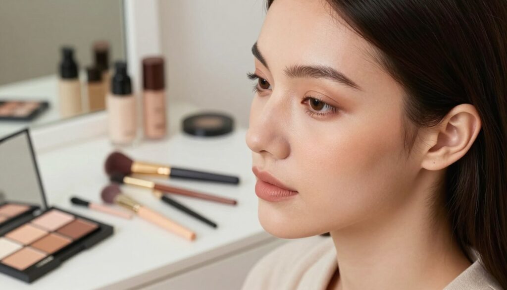 A close-up view of a beautifully contoured face, showcasing well-defined cheekbones under soft, natural lighting. The model, dressed in a modest casual top, has a radiant complexion with subtle makeup that highlights the contours of her face. The foreground features the cheekbones prominently, demonstrating different shades of contour and highlight. In the middle ground, a selection of high-quality cosmetic products, such as contouring palettes and brushes, is elegantly arranged. The background is softly blurred, featuring an aesthetically pleasing and well-organized vanity setup, evoking an atmosphere of elegance and professionalism. The image focuses on conveying the art of makeup application, seeking to inspire viewers with its sophisticated appeal. A close-up view of a beautifully contoured face, showcasing well-defined cheekbones under soft, natural lighting. The model, dressed in a modest casual top, has a radiant complexion with subtle makeup that highlights the contours of her face. The foreground features the cheekbones prominently, demonstrating different shades of contour and highlight. In the middle ground, a selection of high-quality cosmetic products, such as contouring palettes and brushes, is elegantly arranged. The background is softly blurred, featuring an aesthetically pleasing and well-organized vanity setup, evoking an atmosphere of elegance and professionalism. The image focuses on conveying the art of makeup application, seeking to inspire viewers with its sophisticated appeal.
