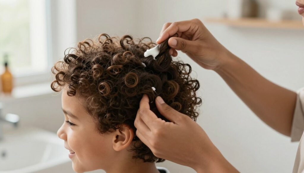 A close-up view of a caring parent applying a natural moisturizing product to a young boy's curly hair, showcasing the vibrant, defined curls. The foreground features the parent’s hands gently working through the boy’s hair, with the boy smiling and enjoying the experience. In the middle, the lush, curly hair is highlighted, displaying healthy, bounce and shine. The background is softly blurred, depicting a cozy bathroom with natural light streaming through a window, creating a warm, inviting atmosphere. The scene exudes a sense of care and relaxation, reflecting the importance of proper curly hair care in a polished, friendly setting. The overall lighting is bright and soft, emphasizing the textures and colors of the hair.