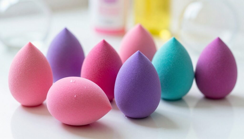 A close-up view of a colorful array of makeup sponges (gąbeczki) in varying shapes and sizes, arranged artistically on a clean, reflective white surface. The foreground features the sponges in vibrant shades of pink, purple, and teal, showcasing their unique textures—some are smooth while others are dimpled. In the middle ground, a gentle droplet of water glistens on one sponge, emphasizing the theme of cleaning. The background is softly blurred with hints of soap bubbles and cleaning supplies, suggesting an effective cleaning session. The lighting is bright and natural, giving the image a fresh and inviting atmosphere. The angle is slightly elevated, allowing for a dynamic composition that draws the viewer's eye to the sponges. A close-up view of a colorful array of makeup sponges (gąbeczki) in varying shapes and sizes, arranged artistically on a clean, reflective white surface. The foreground features the sponges in vibrant shades of pink, purple, and teal, showcasing their unique textures—some are smooth while others are dimpled. In the middle ground, a gentle droplet of water glistens on one sponge, emphasizing the theme of cleaning. The background is softly blurred with hints of soap bubbles and cleaning supplies, suggesting an effective cleaning session. The lighting is bright and natural, giving the image a fresh and inviting atmosphere. The angle is slightly elevated, allowing for a dynamic composition that draws the viewer's eye to the sponges.