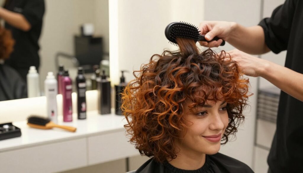 A close-up view of a hairstylist preparing fluffy hair for styling on a model with vibrant, voluminous hair. The foreground features the model sitting in a salon chair, smiling and looking relaxed, while the stylist elegantly brushes through the hair, emphasizing texture and volume. In the middle ground, various hair products like volumizing spray and a round brush are neatly arranged on a salon counter. The background showcases a modern salon interior with soft, diffused lighting creating a warm and inviting atmosphere. The angle is slightly above eye level to capture both the stylist’s focused expression and the model’s hair transformation. Overall, the mood is chic and encouraging, highlighting the preparation process for achieving fluffy hair full of volume. A close-up view of a hairstylist preparing fluffy hair for styling on a model with vibrant, voluminous hair. The foreground features the model sitting in a salon chair, smiling and looking relaxed, while the stylist elegantly brushes through the hair, emphasizing texture and volume. In the middle ground, various hair products like volumizing spray and a round brush are neatly arranged on a salon counter. The background showcases a modern salon interior with soft, diffused lighting creating a warm and inviting atmosphere. The angle is slightly above eye level to capture both the stylist’s focused expression and the model’s hair transformation. Overall, the mood is chic and encouraging, highlighting the preparation process for achieving fluffy hair full of volume.
