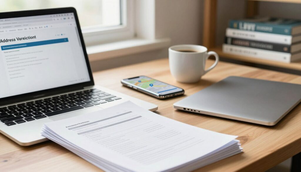A close-up view of a modern, well-organized desk setup for verifying residential information, prominently featuring a laptop with an open address verification software screen. In the foreground, place a neatly arranged stack of documents with visible address details printed on them, illuminated by soft, natural light from a nearby window. The middle ground includes a sleek smartphone displaying a map application pinpointing a location, with a cup of coffee beside it. In the background, a shelf filled with neatly stacked books about property laws and verification processes adds depth. The overall atmosphere is professional and focused, conveying a sense of diligent research and accuracy, with a warm and inviting ambiance. Use a slight tilt-angle perspective to emphasize the desk's organized space. A close-up view of a modern, well-organized desk setup for verifying residential information, prominently featuring a laptop with an open address verification software screen. In the foreground, place a neatly arranged stack of documents with visible address details printed on them, illuminated by soft, natural light from a nearby window. The middle ground includes a sleek smartphone displaying a map application pinpointing a location, with a cup of coffee beside it. In the background, a shelf filled with neatly stacked books about property laws and verification processes adds depth. The overall atmosphere is professional and focused, conveying a sense of diligent research and accuracy, with a warm and inviting ambiance. Use a slight tilt-angle perspective to emphasize the desk's organized space.