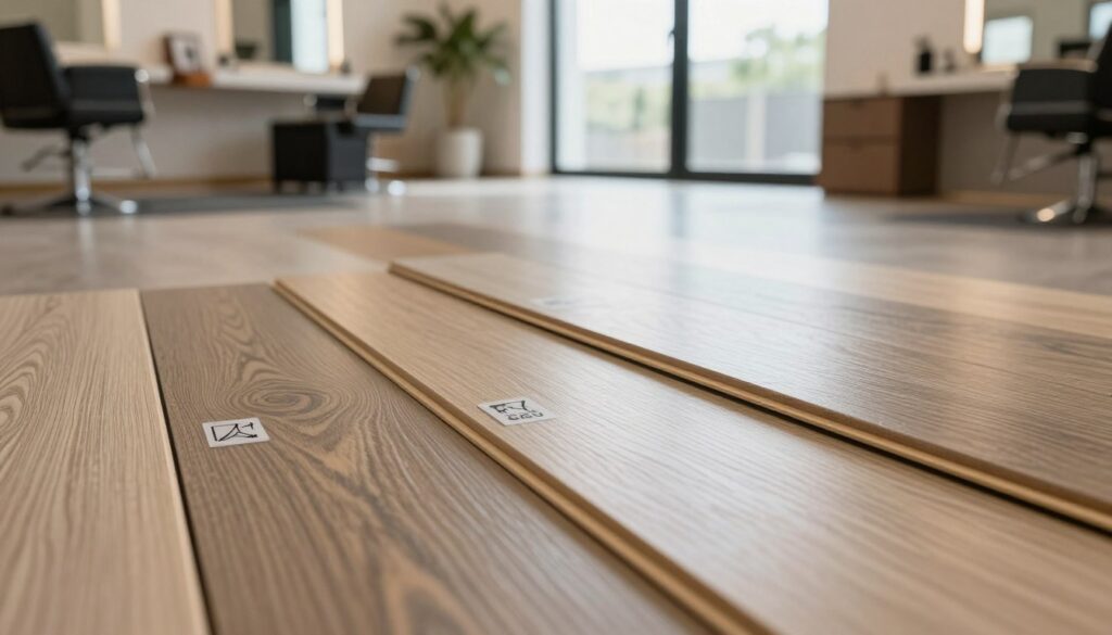 A close-up view of a selection of laminate flooring panels showcasing various wear resistance classes. The foreground features several panels labeled with clear symbols representing different classes, each displaying unique textures and finishes—some glossy, some matte. The middle ground depicts a modern living room setting with soft, natural lighting emanating from large windows, creating a warm atmosphere. In the background, stylish furniture complements the flooring, hinting at a harmonious color palette suitable for a salon. Capture the essence of durability and design, reflecting a balanced interplay between aesthetics and functionality. Use a shallow depth of field to focus on the panels while softly blurring the background elements, enhancing the visual appeal and professional tone of the image.