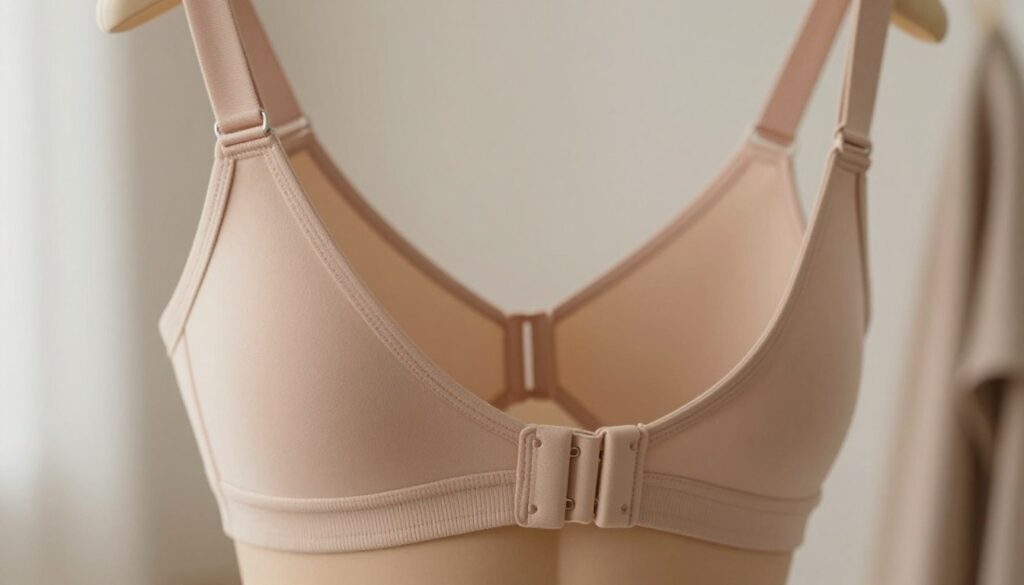 A close-up view of a stylish, innovative bra featuring a low-back clasp design, emphasizing comfort and functionality for dresses with open backs. The bra is shown in a soft, elegant fabric with a muted color palette, capturing the essence of modern lingerie. The foreground focuses on the bra's intricate details, such as the straps and clasps, set against a neutral, softly blurred background that suggests a dressing room ambiance. Natural, diffused lighting highlights the texture of the fabric and creates a warm, inviting atmosphere. The composition should convey a sense of sophistication and practicality, ideal for showcasing thoughtful design in women's fashion. A close-up view of a stylish, innovative bra featuring a low-back clasp design, emphasizing comfort and functionality for dresses with open backs. The bra is shown in a soft, elegant fabric with a muted color palette, capturing the essence of modern lingerie. The foreground focuses on the bra's intricate details, such as the straps and clasps, set against a neutral, softly blurred background that suggests a dressing room ambiance. Natural, diffused lighting highlights the texture of the fabric and creates a warm, inviting atmosphere. The composition should convey a sense of sophistication and practicality, ideal for showcasing thoughtful design in women's fashion.