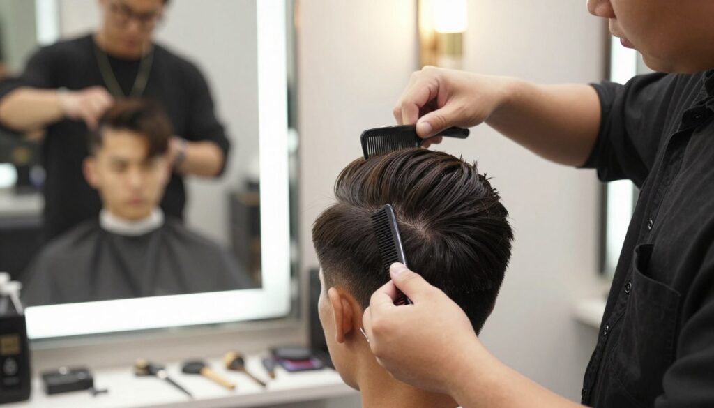 A close-up view of a stylish pompadour hairstyle being created step by step. In the foreground, a professional hairstylist, dressed in smart casual attire, is guiding a young man with a well-groomed look, showcasing the classic pompadour. The stylist's hands are skillfully combing and styling the hair, demonstrating techniques to achieve volume and a sleek back look. In the middle ground, a well-lit mirror reflects the results, highlighting the texture and shape of the hairstyle. The background features a modern barbershop, adorned with vintage tools and warm lighting, creating an inviting atmosphere. The overall mood is focused and informative, emphasizing the artistry and craftsmanship involved in hairstyling.