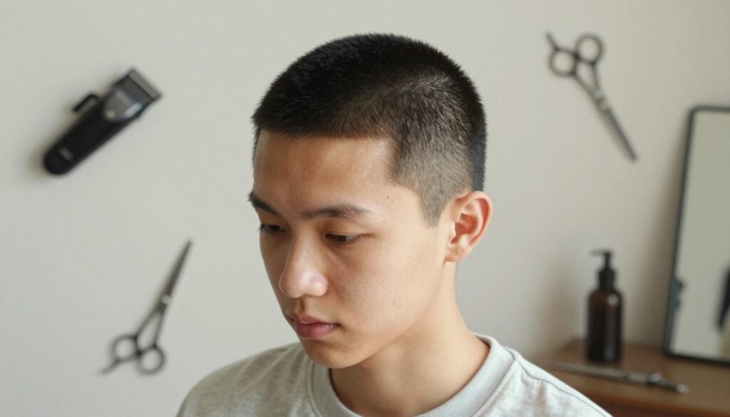 A close-up view of a young person with a stylish buzz cut, characterized by a clean, even length that emphasizes the contours of their head. The subject is wearing a casual, modern outfit in soft colors, standing against a simple, neutral background that enhances the focus on the haircut. Soft, diffused natural lighting illuminates the scene, creating a calm and approachable atmosphere. The camera angle is slightly below eye level, highlighting the haircut's shape and texture. Surrounding the subject are hair cutting tools such as clippers, scissors, and a mirror, arranged neatly to imply a home haircut setting. The overall mood is trendy and accessible, reflecting the modern youth style.