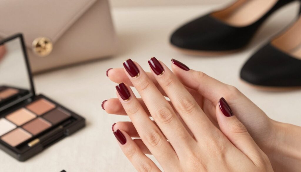 A close-up view of beautifully manicured nails showcasing an elegant deep burgundy nail polish, perfectly matched with subtle gold accents. The hands are gently resting on a stylish fabric surface, hinting at sophistication. In the background, soft, diffused lighting creates a warm atmosphere, enhancing the luxurious feel of the scene. A delicate makeup palette is slightly visible, featuring soft natural tones to complement the deep burgundy, reflecting an elegant makeup look. Include a blurred silhouette of a fashionable clutch purse and stylish shoes in soft focus, hinting at the theme of accessorizing. Capture the essence of refined beauty and elegance, ensuring a harmonious color palette that resonates with sophistication and style.