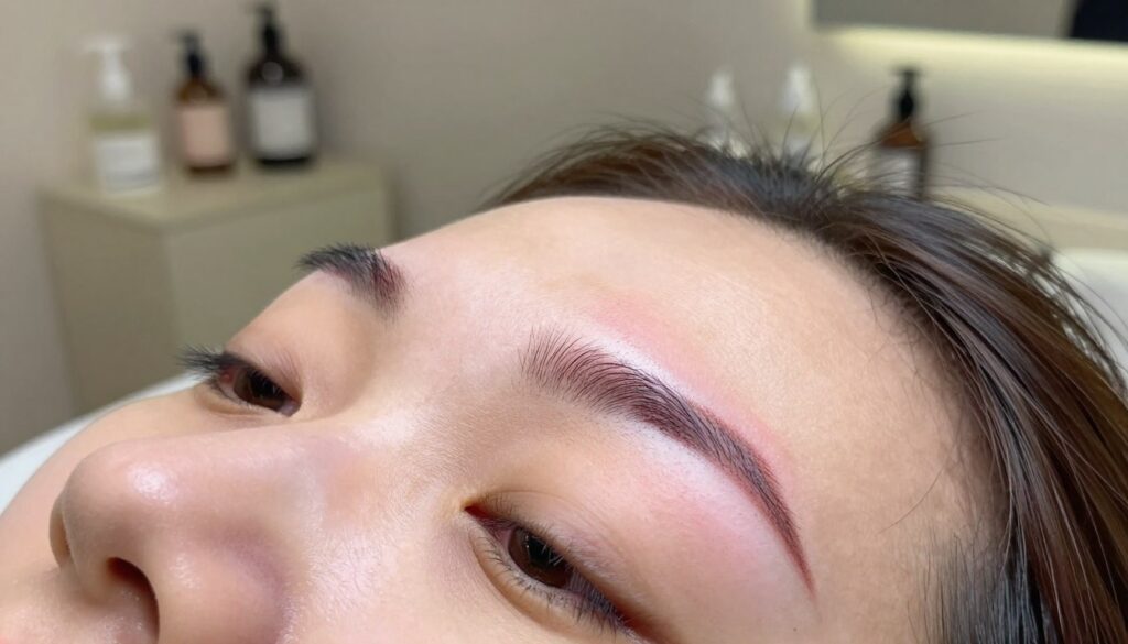 A close-up view of freshly removed permanent makeup from eyebrows, showcasing the subtle changes in color and texture. In the foreground, focus on a pair of natural, well-groomed eyebrows with hints of redness around the edges, where the makeup has been treated. The middle layer includes gentle lighting that highlights the skin’s complexion, emphasizing the healing process and any slight discoloration resulting from the laser treatment. The background remains soft and blurred, featuring a neutral-toned bathroom setting with skincare products subtly placed on a counter. The atmosphere conveys a serene and professional mood, suggesting a safe and calming environment for beauty treatments. Use a shallow depth of field to draw attention to the eyebrows while maintaining an inviting ambience.