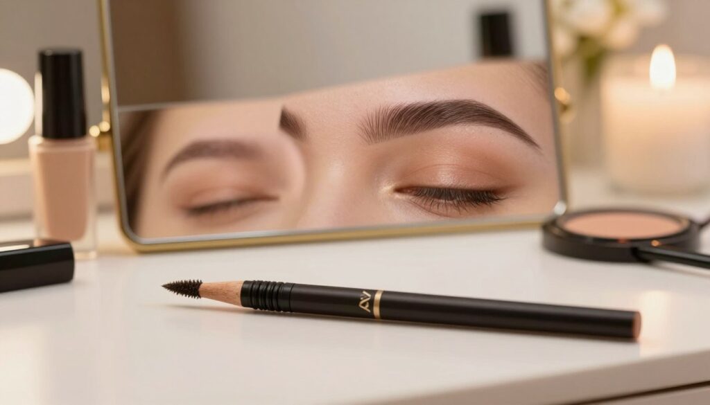 A close-up view of perfectly shaped eyebrows, showcasing a professional make-up application. The foreground features a well-groomed eyebrow pencil and a brush, artistically placed on a delicate vanity table. The lighting is soft and warm, enhancing the natural colors of the eyebrows and skin. In the middle, a subtle reflection of a well-applied lip color can be seen, complementing the brow style. The background should subtly include elegant makeup products and soft-focus elements like flowers or candles, creating a serene and inviting atmosphere. The overall mood is elegant and sophisticated, perfect for highlighting beauty techniques and enhancing a polished look. Ensure no people are depicted in the image, focusing solely on the beauty elements. A close-up view of perfectly shaped eyebrows, showcasing a professional make-up application. The foreground features a well-groomed eyebrow pencil and a brush, artistically placed on a delicate vanity table. The lighting is soft and warm, enhancing the natural colors of the eyebrows and skin. In the middle, a subtle reflection of a well-applied lip color can be seen, complementing the brow style. The background should subtly include elegant makeup products and soft-focus elements like flowers or candles, creating a serene and inviting atmosphere. The overall mood is elegant and sophisticated, perfect for highlighting beauty techniques and enhancing a polished look. Ensure no people are depicted in the image, focusing solely on the beauty elements.