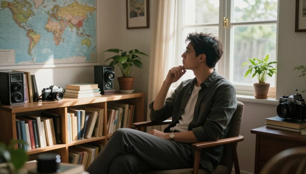 A contemplative figure resembling a male journalist, dressed in a smart-casual outfit, sits in a cozy, well-decorated study filled with books and travel memorabilia. He gazes out of a large window, deep in thought, as soft sunlight streams in, casting warm shadows around the room. In the background, a world map and a vintage camera hint at his travel experiences, while plants add a touch of nature. The scene is intimate, creating an atmosphere of privacy and reflection, emphasizing the importance of personal space in public life. The lighting is soft and diffused, creating a tranquil and introspective mood, shot from a slightly elevated angle for depth.