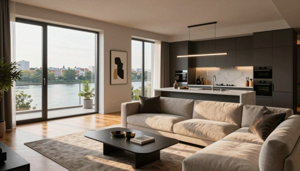 A contemporary luxury apartment interior in Powiśle, Warsaw, featuring sleek modern furnishings. The foreground showcases a stylish living room with large windows offering a panoramic view of the Vistula River. Elegant wooden floors reflect warm sunlight streaming in, while a plush sectional sofa, minimalist coffee table, and abstract art create a sophisticated vibe. In the middle ground, a modern kitchen with state-of-the-art appliances, a marble island, and tasteful decor adds to the ambiance. In the background, trees and cityscape are visible through the windows, providing a serene urban backdrop. The atmosphere is inviting and upscale, illuminated by soft, natural light, suggesting a comfortable yet chic lifestyle. The scene is captured from a slightly elevated angle to emphasize the spaciousness and design.