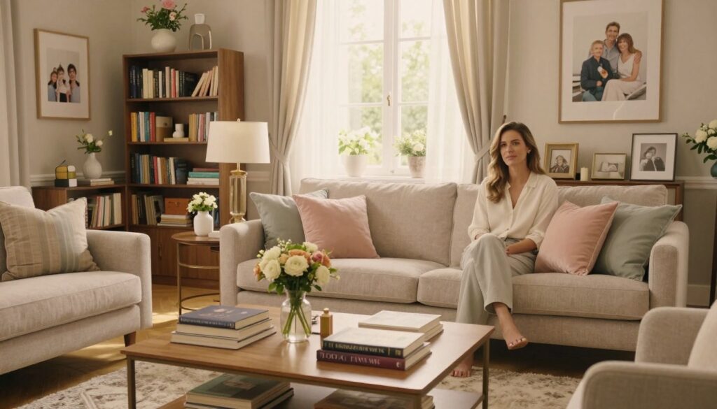 A cozy and elegant living space reflecting the personality of Teresa Lipowska, with soft warm lighting enhancing the inviting atmosphere. In the foreground, a beautifully arranged coffee table with books and a small vase of flowers sits on a plush rug. The middle layer showcases a stylish sofa with pastel accent pillows, surrounded by tasteful decor and a chic bookshelf filled with various volumes. The background features large windows allowing natural light to flood in, framed by sheer curtains that create a peaceful ambiance. The walls are adorned with tasteful art and family photographs, hinting at a personal touch. The scene conveys warmth, comfort, and a sense of home, capturing the essence of where the actress resides and spends her time. A cozy and elegant living space reflecting the personality of Teresa Lipowska, with soft warm lighting enhancing the inviting atmosphere. In the foreground, a beautifully arranged coffee table with books and a small vase of flowers sits on a plush rug. The middle layer showcases a stylish sofa with pastel accent pillows, surrounded by tasteful decor and a chic bookshelf filled with various volumes. The background features large windows allowing natural light to flood in, framed by sheer curtains that create a peaceful ambiance. The walls are adorned with tasteful art and family photographs, hinting at a personal touch. The scene conveys warmth, comfort, and a sense of home, capturing the essence of where the actress resides and spends her time.
