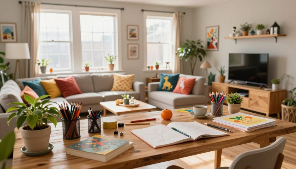 A cozy and inviting interior scene that embodies the aesthetics of Kiki’s World, featuring a well-organized workspace infused with creativity. In the foreground, a beautifully arranged wooden desk with art supplies, books, and a charming houseplant. The middle ground showcases a comfy seating area with colorful cushions and whimsical decor that reflects a family-friendly vibe. The background reveals large windows allowing soft, natural light to flood the space, casting gentle shadows. The atmosphere is warm and welcoming, ideal for inspiring creativity. Use a wide-angle lens to capture the entire setting, enhancing the sense of an inviting home filled with vibrant colors and playful elements, emphasizing the balance between functionality and charm.