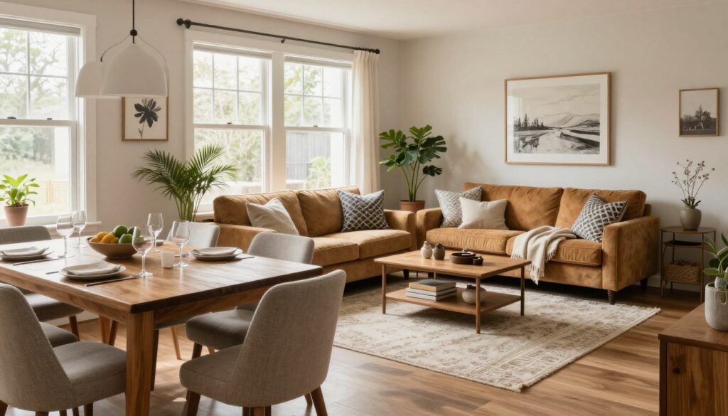 A cozy and inviting living room combined with a dining area, featuring a harmonious blend of modern and rustic elements. In the foreground, a stylish wooden dining table surrounded by upholstered chairs, elegantly set for a meal. The middle features a warm, plush sofa adorned with patterned cushions and a soft throw. A coffee table with decorative items sits on a textured area rug. In the background, large windows allow natural light to flood the space, illuminating neutral-toned walls and art pieces. Subtle greenery, such as potted plants, enhances the atmosphere. The scene conveys a relaxed, welcoming mood, perfect for gatherings. Bright, diffused lighting gives the room a warm glow, with an angle that captures both areas in a spacious layout.