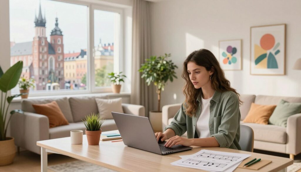A cozy and modern apartment interior reflecting the style of Viki Gabor, featuring soft pastel colors and contemporary furniture. In the foreground, a stylish young female artist, dressed in smart casual clothing, sits at a desk with a laptop open, surrounded by musical notes and personal art pieces. In the middle ground, large windows let in warm, natural light, illuminating a few potted plants and a comfortable living space. The background showcases the vibrant city skyline of Kraków, with historic architecture visible through the window. The atmosphere is inspiring and creative, with a hint of youthful energy and ambition. The scene is captured from a slightly angled perspective, giving a dynamic feel to the image.