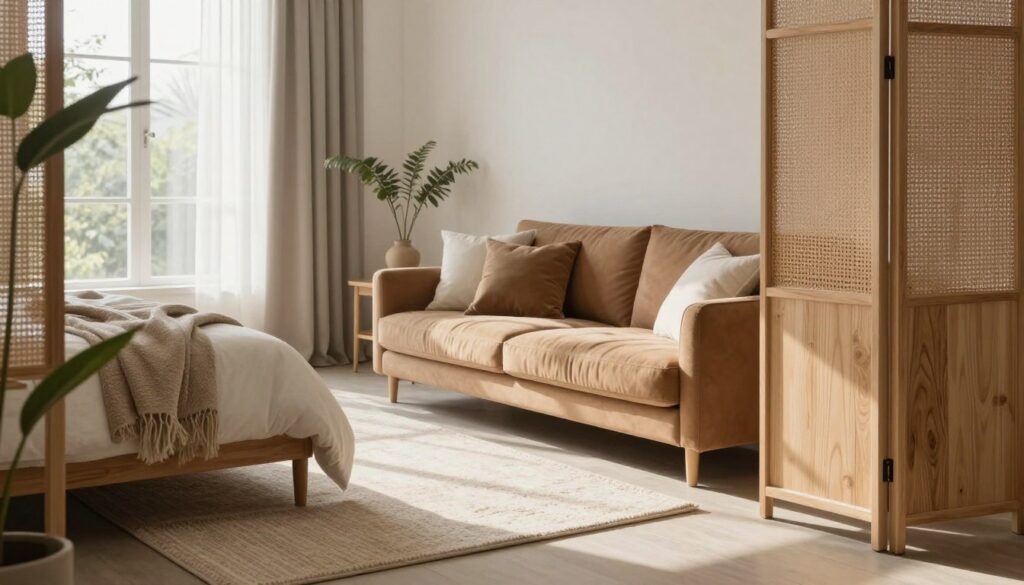 A cozy and stylish living space that separates a bedroom area from a living room. In the foreground, there is a modern decorative screen made of natural materials, creating a subtle division. The middle section features a warm and inviting sofa with plush cushions, while a soft, textured rug lies beneath it. On the left, an elegantly made bed with tasteful bedding is partially visible, framed by a tall plant for added privacy. The background shows large windows allowing natural light to stream in, casting soft shadows. The overall mood is tranquil and harmonious, with a color palette of soft neutrals and earthy tones. The scene is well-lit, capturing the warmth of a sunny afternoon, encouraging a sense of comfort and creativity in home design.