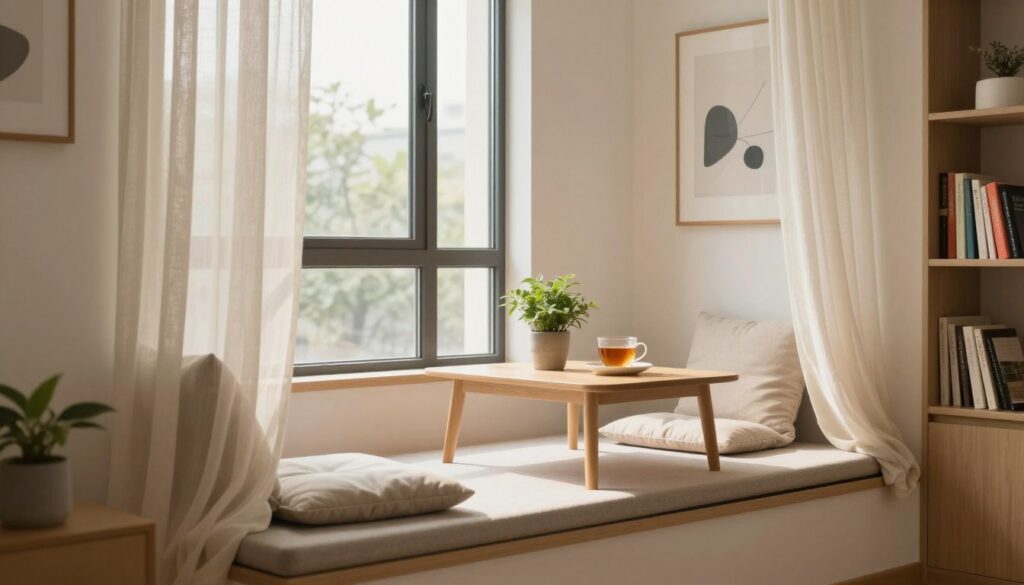 A cozy apartment window setup in a small living room of a block building. In the foreground, a stylish window seat with soft cushions and a light, airy curtain gently draping down, allowing natural light to filter in. In the middle, a small coffee table decorated with a potted plant and a cup of tea, enhancing a functional yet inviting design. The background features a neatly organized room with minimalist décor, including a wall with abstract art and a bookshelf filled with colorful books. Warm, diffuse lighting creates a serene atmosphere, and the angle captures the cozy window nook, emphasizing the balance of functionality and comfort. The overall mood reflects a calm, stylish, and bright space ideal for relaxation.