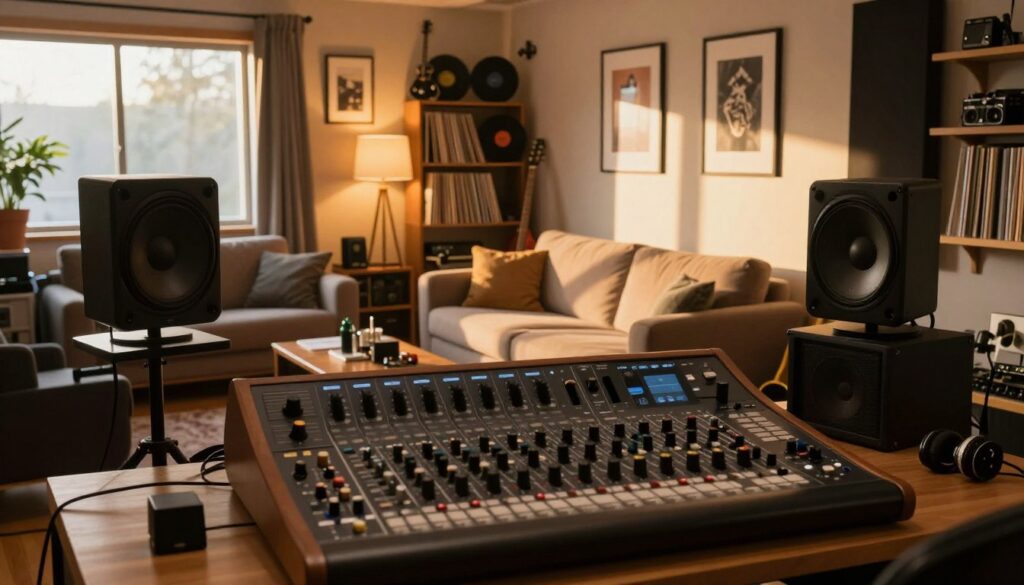 A cozy home interior, showcasing an inviting space that serves as both a sanctuary and a professional recording studio. In the foreground, a modern soundboard and mixing equipment are artistically arranged, hinting at the creative process. The middle layer features a comfortable living area with a plush sofa, warm lighting, and framed artwork on the walls. The background shows shelves filled with vinyl records and musical instruments, creating a harmonious atmosphere. The scene is softly lit with golden sunlight streaming through large windows, casting gentle shadows. The mood is creative and peaceful, reflecting a perfect blend of personal refuge and artistic expression. Ideal for a talented vocalist’s private space, capturing the essence of home as a haven for creativity. A cozy home interior, showcasing an inviting space that serves as both a sanctuary and a professional recording studio. In the foreground, a modern soundboard and mixing equipment are artistically arranged, hinting at the creative process. The middle layer features a comfortable living area with a plush sofa, warm lighting, and framed artwork on the walls. The background shows shelves filled with vinyl records and musical instruments, creating a harmonious atmosphere. The scene is softly lit with golden sunlight streaming through large windows, casting gentle shadows. The mood is creative and peaceful, reflecting a perfect blend of personal refuge and artistic expression. Ideal for a talented vocalist’s private space, capturing the essence of home as a haven for creativity.