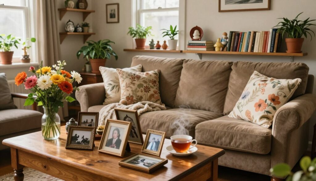 A cozy interior of a home filled with cherished mementos and vibrant flowers. In the foreground, a wooden coffee table displays an assortment of framed photographs, vintage trinkets, and a steaming cup of tea. The middle ground features a comfortable, earthy-toned sofa adorned with floral-patterned cushions and a soft throw blanket. Shelves along the walls are lined with books, ceramic figurines, and potted plants, adding warmth to the atmosphere. In the background, a window lets in soft, natural light, illuminating the space and casting gentle shadows. The overall mood is serene, inviting, and nostalgic, capturing the essence of a lived-in space that reflects fond memories and a love for nature. A cozy interior of a home filled with cherished mementos and vibrant flowers. In the foreground, a wooden coffee table displays an assortment of framed photographs, vintage trinkets, and a steaming cup of tea. The middle ground features a comfortable, earthy-toned sofa adorned with floral-patterned cushions and a soft throw blanket. Shelves along the walls are lined with books, ceramic figurines, and potted plants, adding warmth to the atmosphere. In the background, a window lets in soft, natural light, illuminating the space and casting gentle shadows. The overall mood is serene, inviting, and nostalgic, capturing the essence of a lived-in space that reflects fond memories and a love for nature.