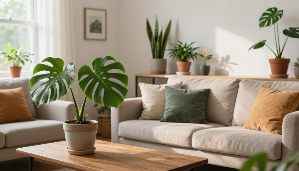 A cozy living room featuring various houseplants that create a warm and inviting atmosphere. In the foreground, a large green monstera with glossy leaves sits in a stylish ceramic pot on a wooden coffee table. The middle section reveals a plush sofa adorned with colorful cushions, positioned against white walls that enhance the room's brightness. A couple of smaller potted plants, including a snake plant and a peace lily, are placed on a nearby shelf, adding to the greenery. In the background, a large window lets in soft, diffused sunlight, highlighting the textures of the furnishings and casting gentle shadows. The overall mood is serene, with earthy tones complemented by vibrant greens, encapsulating the comforting role of plants in interior design.