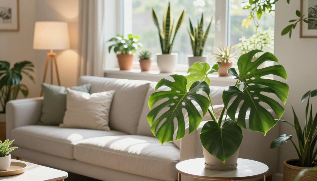 A cozy living room filled with various indoor plants, showcasing a harmonious blend of greenery suitable for different lighting conditions. In the foreground, a large, leafy monstera plant sits on a stylish side table, its glossy leaves catching the sunlight. The middle ground features a sleek sofa adorned with soft cushions, with potted succulents and a snake plant on the windowsill behind it, thriving in the bright, natural light. In the background, a soft, warm glow emanates from a lamp in a corner, creating an inviting atmosphere. The room’s décor reflects modern elegance, with neutral tones complemented by lush green plants. The image captures a serene and refreshing ambiance, ideal for illustrating the importance of choosing plants based on light exposure. A cozy living room filled with various indoor plants, showcasing a harmonious blend of greenery suitable for different lighting conditions. In the foreground, a large, leafy monstera plant sits on a stylish side table, its glossy leaves catching the sunlight. The middle ground features a sleek sofa adorned with soft cushions, with potted succulents and a snake plant on the windowsill behind it, thriving in the bright, natural light. In the background, a soft, warm glow emanates from a lamp in a corner, creating an inviting atmosphere. The room’s décor reflects modern elegance, with neutral tones complemented by lush green plants. The image captures a serene and refreshing ambiance, ideal for illustrating the importance of choosing plants based on light exposure.