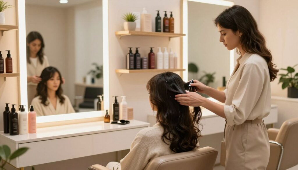 A cozy, well-lit salon scene focusing on hair care, featuring a gently illuminated vanity table adorned with various hair care products like shampoos, conditioners, and serums. In the foreground, a professional stylist, dressed in a neatly pressed outfit, carefully applies a nourishing hair mask to a client's hair, who is sitting comfortably in a stylish chair. The middle ground showcases shelves lined with neatly organized hair care products and plant accents, while the background highlights soft, warm lighting and mirrors reflecting the serene atmosphere. The mood is relaxed and inviting, conveying a sense of luxury and self-care, perfect for maintaining healthy and voluminous hair. The image captures the essence of hair care and beauty rituals without any captions or distractions. A cozy, well-lit salon scene focusing on hair care, featuring a gently illuminated vanity table adorned with various hair care products like shampoos, conditioners, and serums. In the foreground, a professional stylist, dressed in a neatly pressed outfit, carefully applies a nourishing hair mask to a client's hair, who is sitting comfortably in a stylish chair. The middle ground showcases shelves lined with neatly organized hair care products and plant accents, while the background highlights soft, warm lighting and mirrors reflecting the serene atmosphere. The mood is relaxed and inviting, conveying a sense of luxury and self-care, perfect for maintaining healthy and voluminous hair. The image captures the essence of hair care and beauty rituals without any captions or distractions.