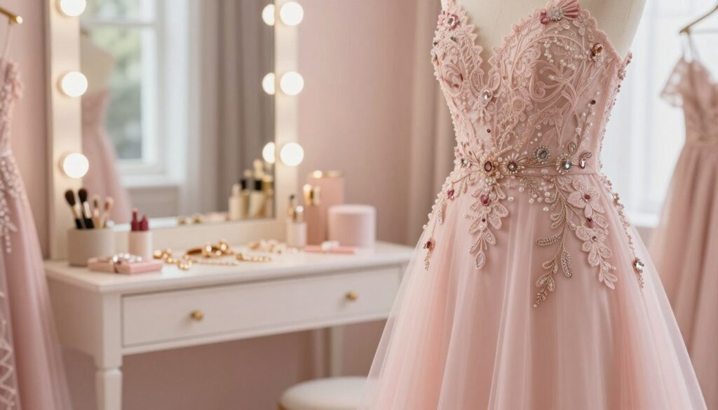 A delicate display of a pastel pink dress adorned with intricate embellishments, featuring lace, embroidery, and small gemstone accents. The foreground showcases the dress beautifully draped on a mannequin, highlighting the stunning details. In the middle, a soft-focus scene of a stylish dressing room filled with elegant accessories like subtle nail polish shades and chic jewelry. The background presents a softly lit, airy atmosphere with pastel colors blending harmoniously. Warm, natural light streams in from an open window, creating a cozy, inviting vibe. The angle is slightly tilted to emphasize the texture and artistry of the dress, evoking a feeling of sophistication and refinement, perfect for enhancing one's style.