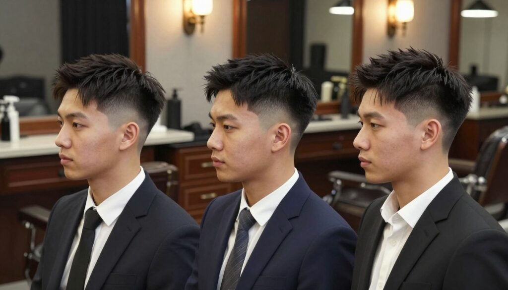 A detailed illustration showcasing the differences in haircuts featuring a mid fade, low fade, and high fade on three diverse male models, each wearing professional business attire. The models stand side by side in the foreground, with emphasis on their varying fade styles, highlighting the gradual blending of hair lengths from short to longer. In the middle ground, a stylish barbershop setting with vintage equipment and an aesthetically pleasing ambiance, showcasing warm lighting that creates soft shadows. The background is slightly blurred to enhance focus on the haircuts, conveying a professional yet relaxed atmosphere. The overall mood is informative and trendy, perfect for visualizing modern hair styling techniques. A detailed illustration showcasing the differences in haircuts featuring a mid fade, low fade, and high fade on three diverse male models, each wearing professional business attire. The models stand side by side in the foreground, with emphasis on their varying fade styles, highlighting the gradual blending of hair lengths from short to longer. In the middle ground, a stylish barbershop setting with vintage equipment and an aesthetically pleasing ambiance, showcasing warm lighting that creates soft shadows. The background is slightly blurred to enhance focus on the haircuts, conveying a professional yet relaxed atmosphere. The overall mood is informative and trendy, perfect for visualizing modern hair styling techniques.