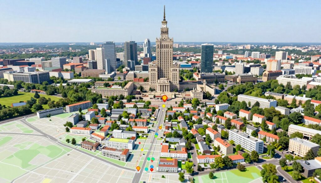 A detailed map of property locations in Warsaw and its outskirts, highlighting residential areas and notable landmarks. The foreground features a stylized map with clear markers indicating various neighborhoods, with an emphasis on modern homes and green spaces. In the middle ground, incorporate iconic Warsaw architecture, such as the Palace of Culture and Science, blended with images of nearby parks. The background should depict a bright, clear sky, suggesting a sunny day in the city, with lush greenery framing the scene. The overall mood is informative yet inviting, with a soft focus effect on the map to enhance readability and clarity, taken from an aerial perspective. The lighting is natural and vibrant, conveying a sense of urban liveliness. A detailed map of property locations in Warsaw and its outskirts, highlighting residential areas and notable landmarks. The foreground features a stylized map with clear markers indicating various neighborhoods, with an emphasis on modern homes and green spaces. In the middle ground, incorporate iconic Warsaw architecture, such as the Palace of Culture and Science, blended with images of nearby parks. The background should depict a bright, clear sky, suggesting a sunny day in the city, with lush greenery framing the scene. The overall mood is informative yet inviting, with a soft focus effect on the map to enhance readability and clarity, taken from an aerial perspective. The lighting is natural and vibrant, conveying a sense of urban liveliness.