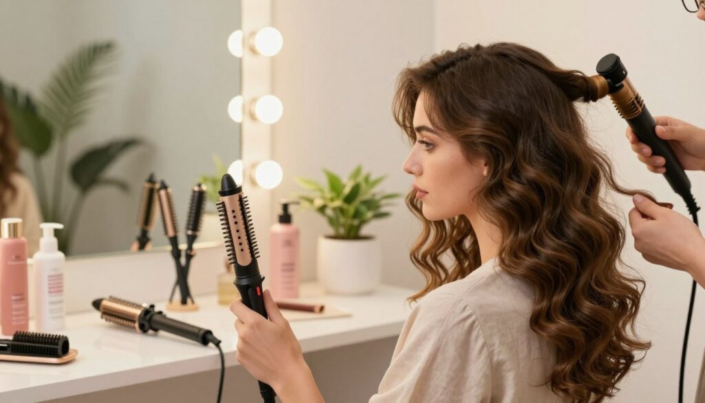A detailed step-by-step illustration of hair curling techniques, focusing on elegant beach waves. The foreground features a close-up of a stylish, professional woman in modest casual clothing using a curling wand on her hair, showcasing her technique. In the middle ground, there are different curling tools and techniques displayed, like traditional curling irons and modern styling products, arranged neatly on a vanity. The background includes soft, glowing light that enhances the warm tones of a modern, well-decorated room with plants and mirrors, creating an inviting atmosphere. The overall mood is inspiring and professional, demonstrating the art of creating beautiful, natural waves in hair styling.