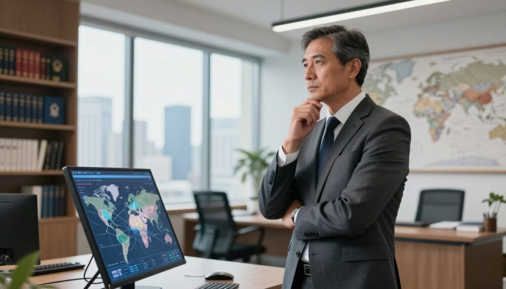 A distinguished expert in national security stands confidently in a modern, well-lit office environment, exuding authority and experience. The foreground features the expert, a middle-aged man in a tailored business suit, looking thoughtfully at a digital map displayed on a touchscreen interface. In the middle ground, large windows reveal a blurred city skyline, symbolizing global connectivity and the complexities of modern geopolitical landscapes. The background is filled with shelves of books on security strategies and crisis management, while a large, world map hangs on the wall. The lighting is bright, creating a professional and inspiring atmosphere, indicative of a world where uncertainty reigns but expertise provides direction. The composition is framed from a slightly low angle to emphasize the expert's commanding presence. A distinguished expert in national security stands confidently in a modern, well-lit office environment, exuding authority and experience. The foreground features the expert, a middle-aged man in a tailored business suit, looking thoughtfully at a digital map displayed on a touchscreen interface. In the middle ground, large windows reveal a blurred city skyline, symbolizing global connectivity and the complexities of modern geopolitical landscapes. The background is filled with shelves of books on security strategies and crisis management, while a large, world map hangs on the wall. The lighting is bright, creating a professional and inspiring atmosphere, indicative of a world where uncertainty reigns but expertise provides direction. The composition is framed from a slightly low angle to emphasize the expert's commanding presence.