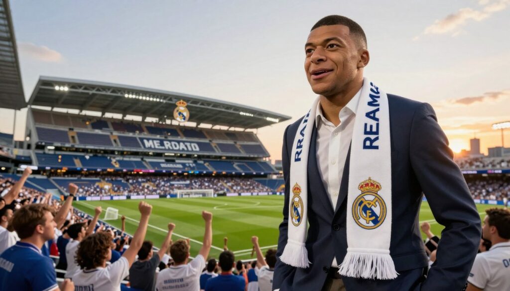 A dynamic and engaging scene depicting Kylian Mbappé in a professional setting, signifying his transfer to Real Madrid. In the foreground, a well-dressed Mbappé is standing confidently, wearing a sharp suit, with a Real Madrid scarf draped around his neck. His expression is one of determination and excitement. In the middle ground, a modern football stadium can be seen, with the iconic Real Madrid logo prominently displayed. Fans in the background, dressed in team colors, cheer enthusiastically. The scene is bathed in warm golden-hour lighting, enhancing the sense of hope and energy. The angle should capture Mbappé from a slightly low perspective, creating a feeling of grandeur and importance, while distant cityscape features a sunset backdrop, emphasizing a new beginning. The overall mood is celebratory and optimistic.