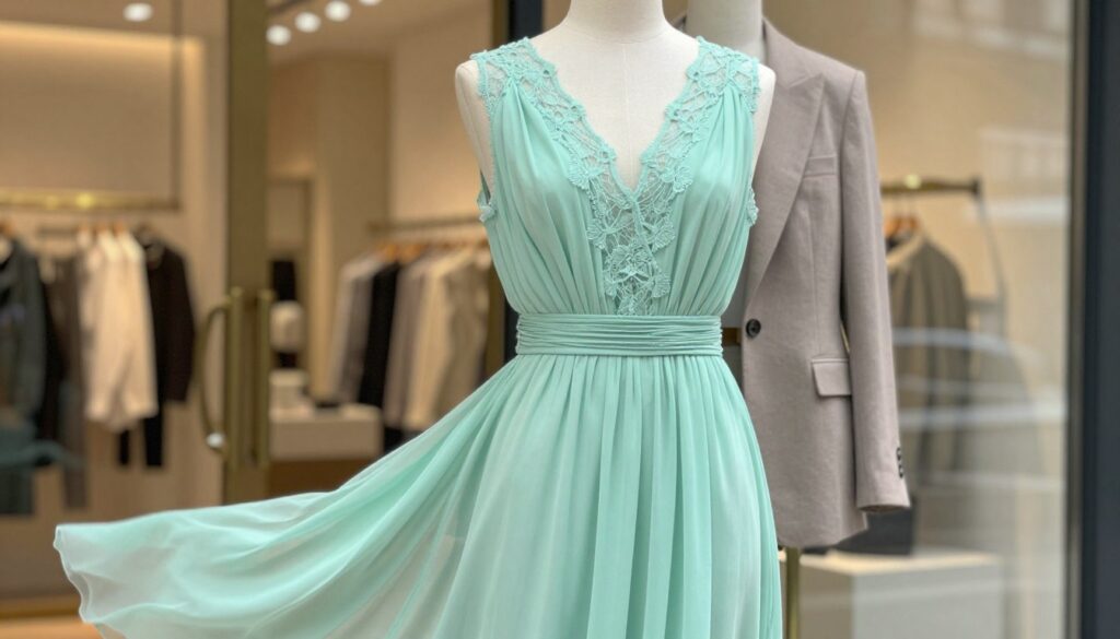 A fashionable mint green dress elegantly draped on a mannequin, showcasing its flowing silhouette and delicate fabric textures. In the foreground, highlight the intricate detailing of the dress, such as subtle lace accents and a cinched waist. In the middle ground, incorporate a stylish blazer hung over the mannequin’s shoulder, emphasizing versatility for different seasons. The background features a softly blurred boutique setting with warm, inviting lighting, enhancing the sophisticated ambiance. The scene captures a sense of modern elegance and seasonal harmony, evoking a feeling of refined style and grace, perfect for various occasions. Soft, natural light illuminates the dress and blazer, creating a serene and inviting atmosphere. A fashionable mint green dress elegantly draped on a mannequin, showcasing its flowing silhouette and delicate fabric textures. In the foreground, highlight the intricate detailing of the dress, such as subtle lace accents and a cinched waist. In the middle ground, incorporate a stylish blazer hung over the mannequin’s shoulder, emphasizing versatility for different seasons. The background features a softly blurred boutique setting with warm, inviting lighting, enhancing the sophisticated ambiance. The scene captures a sense of modern elegance and seasonal harmony, evoking a feeling of refined style and grace, perfect for various occasions. Soft, natural light illuminates the dress and blazer, creating a serene and inviting atmosphere.
