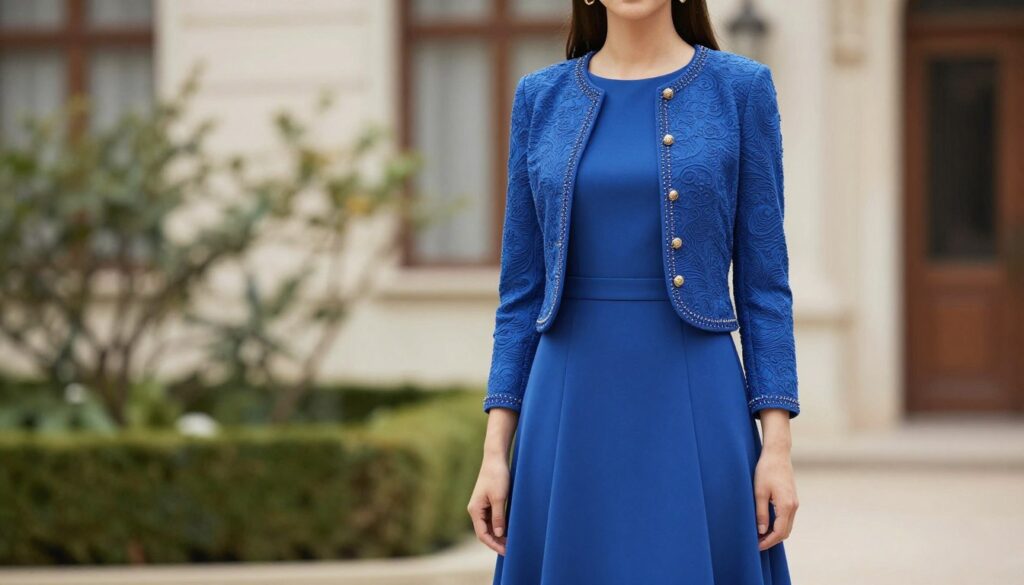 A fashionable model wearing a vibrant blue dress (chabrowa sukienka) stands elegantly in the foreground, showcasing the elegant design and intricate details of the garment. She pairs it with a stylish jacket in complementary colors, reflecting options for various occasions, such as weddings and formal events. The model's silhouette is well-lit with soft, diffused natural lighting, enhancing the textures of the clothing. In the middle ground, a softly blurred garden or chic urban setting provides a sophisticated atmosphere, highlighting the outfit while adding subtle elements of elegance. The background includes hints of foliage or tasteful architecture, out of focus to maintain attention on the attire. The overall mood is refined and chic, perfect for a fashion-focused article.