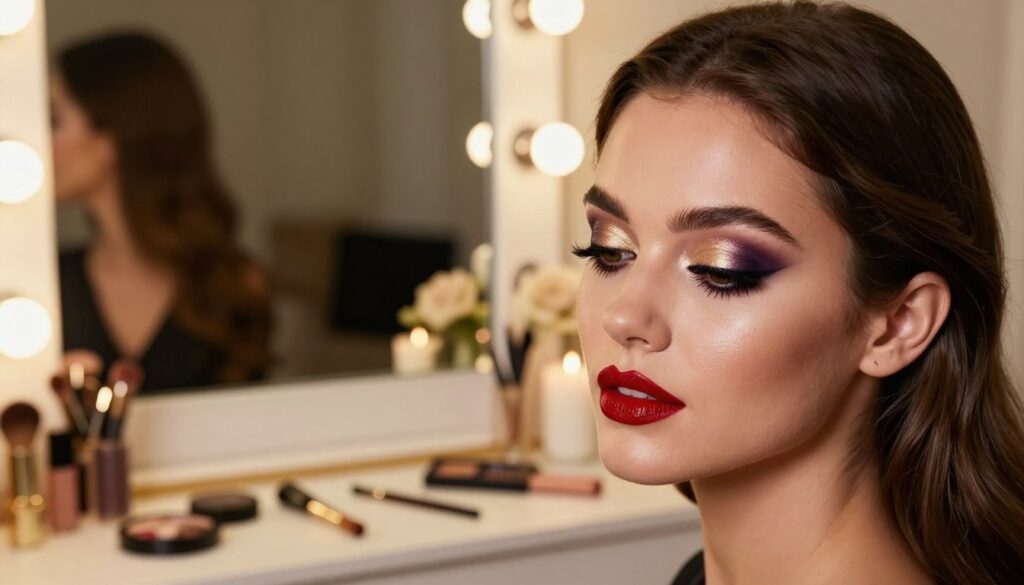 A glamorous evening makeup look for a sophisticated event. In the foreground, a close-up of a model showcasing exquisite makeup, featuring smokey eyes with shimmering gold and deep plum eyeshadows, bold eyeliner, and perfectly shaped brows. The lips are adorned with a glossy, rich red lipstick. In the middle ground, an elegantly set vanity with sparkling makeup tools and a soft-focus mirror reflecting the model’s enhanced beauty. In the background, dim, warm lighting creates an inviting and luxurious atmosphere, with subtle hints of decorative elements like elegant candles or floral arrangements. The scene captures a mood of elegance and confidence, emphasizing the art of evening makeup application. Soft bokeh effects enhance the overall warmth, inviting the viewer into this polished beauty experience.