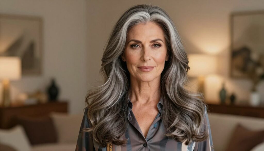 A gracefully styled woman in her 50s stands confidently, showcasing long, voluminous hair with natural silvery highlights. Her hair cascades elegantly over her shoulders, adding a youthful bounce and texture. She is dressed in a smart, stylish blouse with subtle patterns, reflecting a modern yet sophisticated look. The background features a softly blurred home interior with warm, inviting lighting that enhances the overall atmosphere of warmth and comfort. A gentle light source illuminates her hair, emphasizing its shine and health. The scene conveys a sense of empowerment and elegance, perfect for an article focused on mature hair care and styling. Capture this moment with a gentle and soft focus, suggesting a lively yet relaxed mood. A gracefully styled woman in her 50s stands confidently, showcasing long, voluminous hair with natural silvery highlights. Her hair cascades elegantly over her shoulders, adding a youthful bounce and texture. She is dressed in a smart, stylish blouse with subtle patterns, reflecting a modern yet sophisticated look. The background features a softly blurred home interior with warm, inviting lighting that enhances the overall atmosphere of warmth and comfort. A gentle light source illuminates her hair, emphasizing its shine and health. The scene conveys a sense of empowerment and elegance, perfect for an article focused on mature hair care and styling. Capture this moment with a gentle and soft focus, suggesting a lively yet relaxed mood.