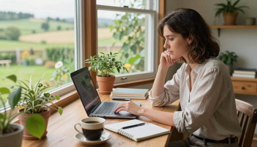 A journalist's serene rural life, focusing on a professional woman in modest casual clothing, sitting at a wooden desk in a cozy, sunlit home office. The foreground features a cup of coffee and a notebook, symbolizing her writing routine. In the middle, the journalist engages thoughtfully with her laptop, surrounded by houseplants and books, reflecting a blend of work and relaxation. The background showcases large windows with views of lush green fields and a serene garden, allowing natural light to fill the space, creating a warm atmosphere. The scene captures a harmonious balance between her busy work life and the tranquility of her country retreat, evoking a sense of peace and productivity. Use soft lighting, a shallow depth of field, and a slight angle for intimacy.