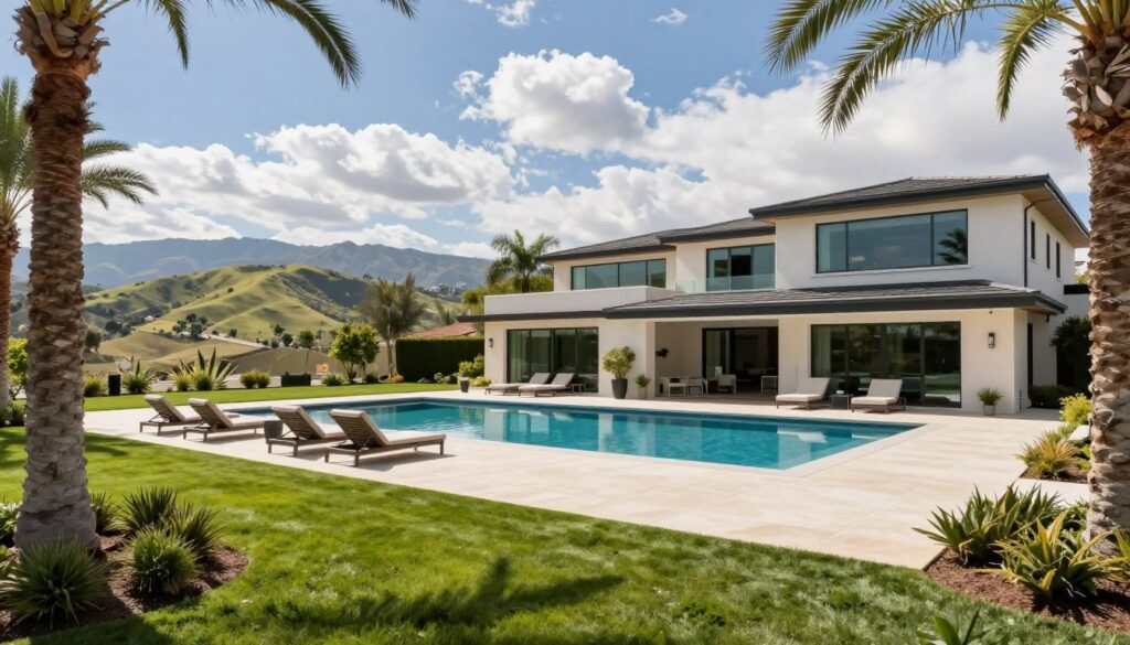 A luxurious estate in Hidden Hills, showcasing expansive outdoor spaces and modern architecture. In the foreground, a beautifully manicured lawn with elegant landscaping features, including palm trees and decorative shrubs. The middle ground reveals a stunning pool area with designer lounge chairs and an infinity-edge pool reflecting the blue sky. The background captures the rolling hills and distant mountains under a bright, sunny day, with soft, fluffy clouds. Use soft, natural lighting to create a welcoming atmosphere, with shadows enhancing the textures of the home’s exterior, which features large glass windows and sleek lines. The image conveys a sense of tranquility and opulence, inviting viewers to imagine the luxurious lifestyle of this exclusive community. A shot taken from a low angle to emphasize the grandeur of the estate. A luxurious estate in Hidden Hills, showcasing expansive outdoor spaces and modern architecture. In the foreground, a beautifully manicured lawn with elegant landscaping features, including palm trees and decorative shrubs. The middle ground reveals a stunning pool area with designer lounge chairs and an infinity-edge pool reflecting the blue sky. The background captures the rolling hills and distant mountains under a bright, sunny day, with soft, fluffy clouds. Use soft, natural lighting to create a welcoming atmosphere, with shadows enhancing the textures of the home’s exterior, which features large glass windows and sleek lines. The image conveys a sense of tranquility and opulence, inviting viewers to imagine the luxurious lifestyle of this exclusive community. A shot taken from a low angle to emphasize the grandeur of the estate.