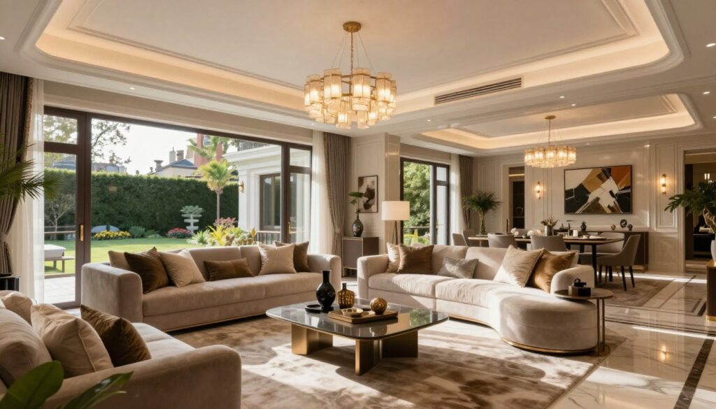 A luxurious interior of a modern villa reflecting the refined taste of Viki Gabor, showcasing elegant furnishings and sophisticated design elements. In the foreground, a tasteful living area filled with plush sofas, a stylish coffee table, and decorative accents like vases and artwork. The middle ground features large windows with natural light pouring in, illuminating exquisite detailing in the architecture, including smooth marble floors and upscale lighting fixtures. In the background, a glimpse of a beautifully landscaped garden can be seen through the glass doors, enhancing the opulent atmosphere. The mood is warm and inviting, with soft shadows created by the afternoon sun. Capture this scene with a wide-angle lens, emphasizing the spaciousness and elegance of the villa.