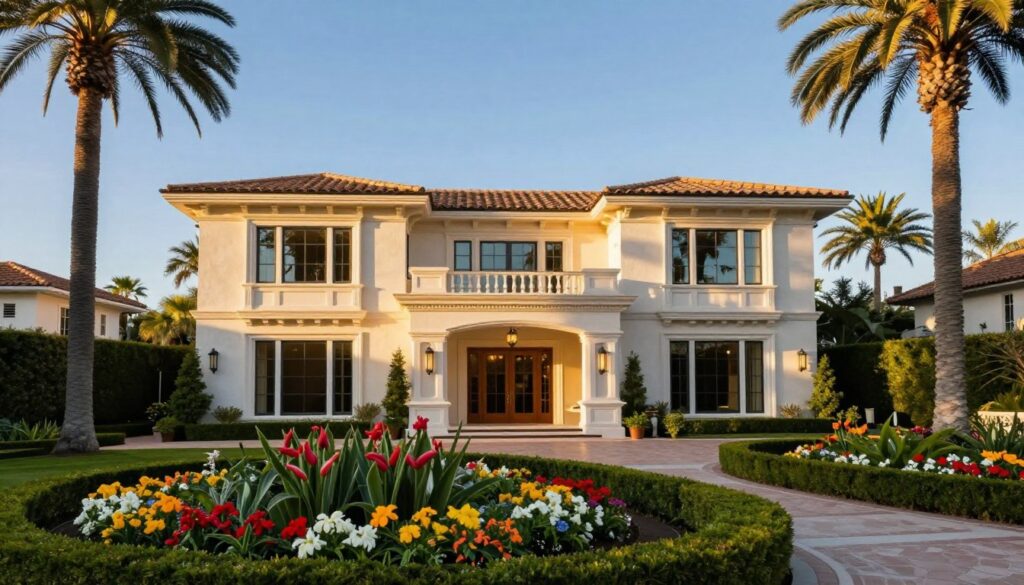 A luxurious mansion in Beverly Park, showcasing elegant architecture with expansive windows and a grand entrance. The foreground features a beautifully manicured garden with vibrant flowers and hedges leading up to the entrance, illuminated by golden sunlight. In the middle ground, the mansion stands tall, with a modern yet classic style, surrounded by palm trees that sway gently in the breeze. The background displays a clear blue sky, hinting at a serene and upscale neighborhood atmosphere. The scene is warm and inviting, evoking a sense of exclusivity and tranquility. The composition captures a wide angle to emphasize the grandeur and opulence of the residence, creating an inspiring and aspirational mood. A luxurious mansion in Beverly Park, showcasing elegant architecture with expansive windows and a grand entrance. The foreground features a beautifully manicured garden with vibrant flowers and hedges leading up to the entrance, illuminated by golden sunlight. In the middle ground, the mansion stands tall, with a modern yet classic style, surrounded by palm trees that sway gently in the breeze. The background displays a clear blue sky, hinting at a serene and upscale neighborhood atmosphere. The scene is warm and inviting, evoking a sense of exclusivity and tranquility. The composition captures a wide angle to emphasize the grandeur and opulence of the residence, creating an inspiring and aspirational mood.