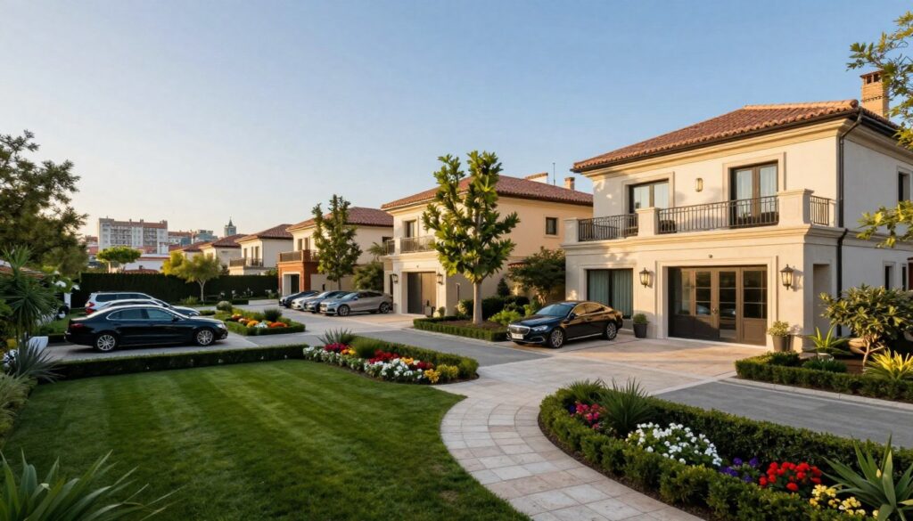 A luxurious neighborhood in La Moraleja, Madrid, showcasing upscale residential architecture featuring elegant villas with lush gardens. In the foreground, accentuate a beautifully manicured lawn with vibrant flowers and a stylish stone pathway leading to a grand entrance. The middle ground should depict spacious driveways with luxury cars parked outside these impressive homes, surrounded by tall trees providing a sense of privacy. In the background, capture the skyline of Madrid under a clear blue sky with soft, golden sunlight casting warm tones on the scene. The mood is serene and affluent, evoking a sense of exclusivity and elegance, perfect for highlighting where Kylian Mbappé resides in the Spanish capital.