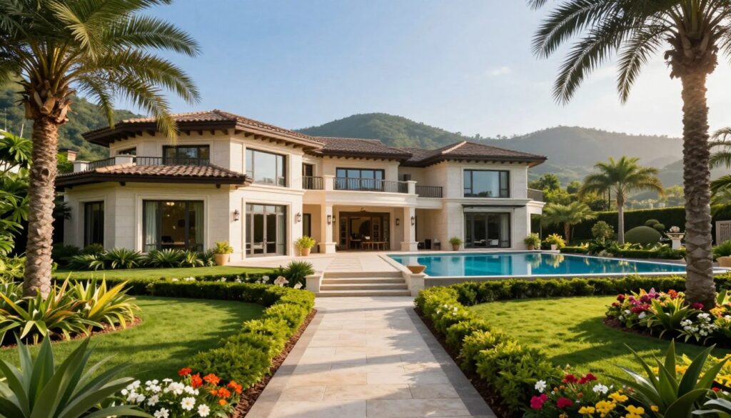 A luxurious villa set in a lush landscape, surrounded by vibrant greenery and palm trees, exuding elegance and tranquility. In the foreground, a beautifully manicured garden features colorful flowers and a stone pathway leading to the grand entrance. In the middle, the villa itself showcases modern architecture with large windows, a spacious terrace, and a sparkling infinity pool reflecting the clear blue sky. The background highlights rolling hills under a bright sun, casting soft shadows. The lighting is warm and inviting, suggesting a serene afternoon atmosphere. Capture the essence of upscale living, giving a feeling of peace and luxury, with the villa serving as an oasis of comfort and style.