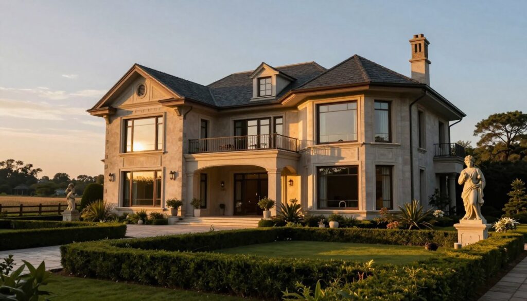 A luxurious yet controversial mansion set against a serene, natural background, embodying wealth and complexity. The foreground features a lavish garden with ornate sculptures and tidy hedges, hinting at opulence. In the middle, the mansion showcases a combination of modern architecture and traditional elements, with expansive windows reflecting the sky, casting dramatic shadows. The sun sets, bathing the scene in warm golden hues, creating a contrast between the lavish lifestyle and the surrounding simplicity. In the background, a hint of rustic elements like a wooden fence and farmland aligns with the controversial narrative surrounding the figure. The mood should evoke intrigue and contemplation, capturing the essence of wealth and its implications. No people are included in this composition.