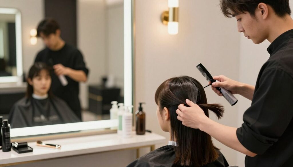 A modern and stylish hair salon interior featuring a professional stylist preparing a client's hair for slick back styling. The foreground shows the stylist, dressed in smart casual attire, using a comb and hair gel on the client's medium-length, straight hair. Their focused expressions convey dedication and expertise. In the middle, a large mirror reflects the client's relaxed demeanor, while salon tools and products are neatly arranged on a counter. The background is softly blurred, showcasing a chic decor with warm lighting that creates an inviting atmosphere. The overall mood is professional and serene, emphasizing the meticulous preparation process for achieving a sleek hairstyle. The image is framed with a slight angle, enhancing depth and engagement. A modern and stylish hair salon interior featuring a professional stylist preparing a client's hair for slick back styling. The foreground shows the stylist, dressed in smart casual attire, using a comb and hair gel on the client's medium-length, straight hair. Their focused expressions convey dedication and expertise. In the middle, a large mirror reflects the client's relaxed demeanor, while salon tools and products are neatly arranged on a counter. The background is softly blurred, showcasing a chic decor with warm lighting that creates an inviting atmosphere. The overall mood is professional and serene, emphasizing the meticulous preparation process for achieving a sleek hairstyle. The image is framed with a slight angle, enhancing depth and engagement.