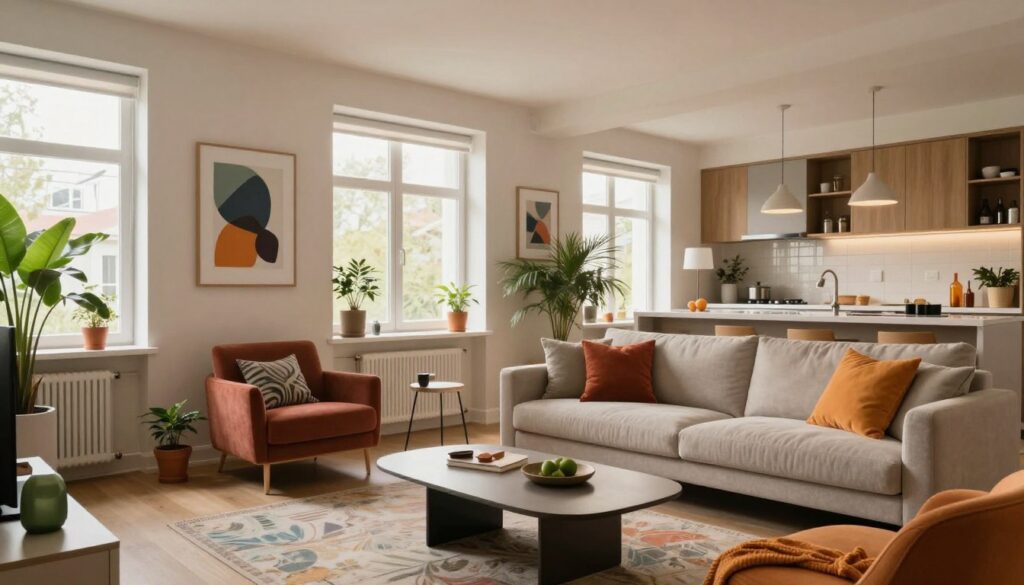 A modern apartment interior inspired by Roksana Węgiel, showcasing a stylish living room with contemporary furniture and vibrant decor. In the foreground, a cozy sofa adorned with colorful cushions, a sleek coffee table, and stylish art pieces on the walls. The middle section features large windows allowing natural light to flood in, creating a warm and inviting atmosphere. Indoor plants are strategically placed for a touch of nature. The background reveals a glimpse of a well-arranged kitchen area, reflecting a chic lifestyle. The scene is illuminated by soft, ambient lighting, echoing a serene mood, captured from a slightly elevated angle to give a broad view of the apartment's design and aesthetic. A modern apartment interior inspired by Roksana Węgiel, showcasing a stylish living room with contemporary furniture and vibrant decor. In the foreground, a cozy sofa adorned with colorful cushions, a sleek coffee table, and stylish art pieces on the walls. The middle section features large windows allowing natural light to flood in, creating a warm and inviting atmosphere. Indoor plants are strategically placed for a touch of nature. The background reveals a glimpse of a well-arranged kitchen area, reflecting a chic lifestyle. The scene is illuminated by soft, ambient lighting, echoing a serene mood, captured from a slightly elevated angle to give a broad view of the apartment's design and aesthetic.