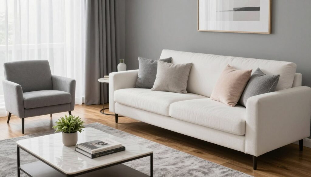 A modern, cozy gray living room, featuring a stylish white sofa adorned with textured gray and soft pastel throw pillows. In the foreground, an elegantly designed coffee table with a small plant and art books. The middle scene showcases a plush gray area rug on polished wooden floors, with a sleek modern armchair beside it. The background reveals a large window with sheer white curtains, allowing soft, natural light to fill the space, enhancing the inviting atmosphere. The walls are painted in a subtle gray tone, accented with minimalist artwork. The overall mood is warm and inviting, perfect for a comfortable yet stylish living area. A modern, cozy gray living room, featuring a stylish white sofa adorned with textured gray and soft pastel throw pillows. In the foreground, an elegantly designed coffee table with a small plant and art books. The middle scene showcases a plush gray area rug on polished wooden floors, with a sleek modern armchair beside it. The background reveals a large window with sheer white curtains, allowing soft, natural light to fill the space, enhancing the inviting atmosphere. The walls are painted in a subtle gray tone, accented with minimalist artwork. The overall mood is warm and inviting, perfect for a comfortable yet stylish living area.
