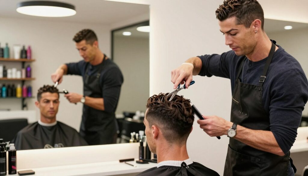 A modern hair salon setting focused on the preparation of hair for a haircut, featuring a well-groomed male model with hair resembling Cristiano Ronaldo's signature hairstyle. In the foreground, the stylist, dressed in a smart black apron and casual business attire, is actively working on the model's hair with various styling tools like scissors, combs, and clippers. The middle layer showcases a large mirror reflecting the stylist's concentrated expression and the model's anticipation. The background includes shelves filled with professional hair products and soft overhead lighting that creates a warm, inviting atmosphere. The overall mood is professional and exciting, highlighting the process just before the haircut begins, with a shallow depth of field to emphasize the subjects in focus.