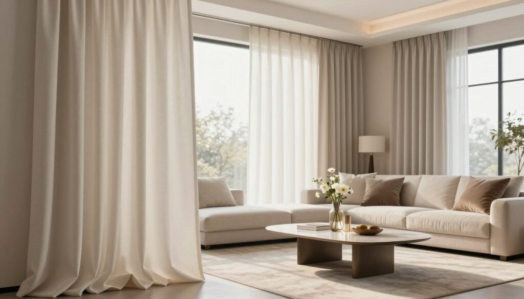 A modern living room featuring elegant flex and wave curtain systems. In the foreground, beautifully draped curtains with a soft wave pattern in a neutral color, cascading gracefully from a sleek, minimalist curtain rod. In the middle ground, a stylish, contemporary sofa with plush cushions, accent pillows, and a stylish coffee table, showcasing a decorative vase with fresh flowers. The background includes a large window letting in warm, natural light, illuminating the entire space. The atmosphere is inviting and sophisticated, with bright yet soft lighting that creates a cozy ambiance. Include subtle textures in the curtains and furniture to enhance realism. The scene should inspire elegance and modern design without any people present.