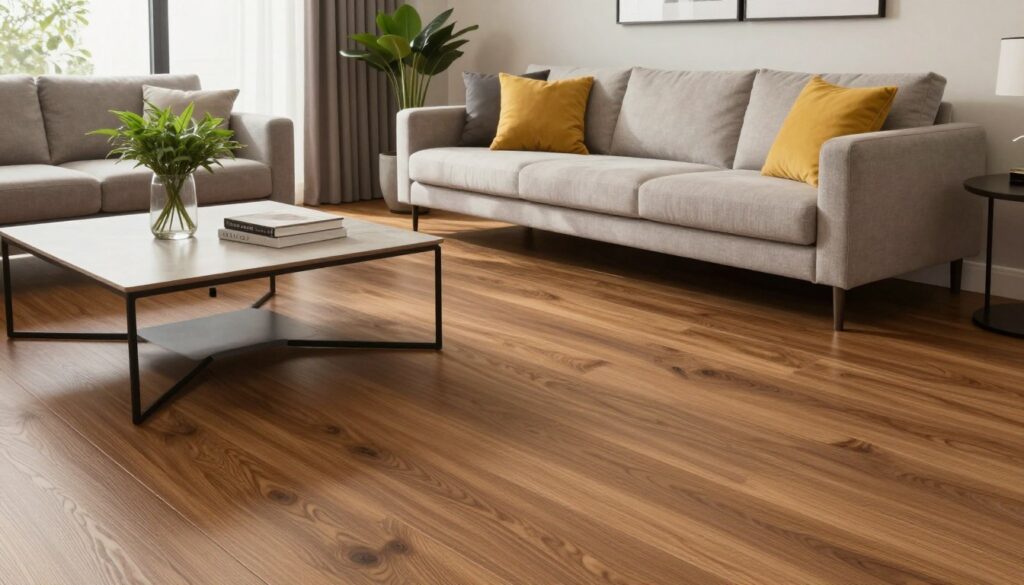 A modern living room featuring sleek vinyl flooring with a rich wood-like texture. In the foreground, a stylish coffee table adorned with a decorative plant and a few contemporary books. The middle ground showcases a cozy sofa with vibrant cushions, next to a large window that allows warm, natural light to pour in, highlighting the intricate details of the vinyl panels. In the background, minimalist wall art and potted greenery elevate the space. The scene is captured from a slightly elevated angle to emphasize the depth and elegance of the room. The overall mood is inviting and sophisticated, perfect for showcasing the practicality and beauty of modern vinyl flooring in everyday use.